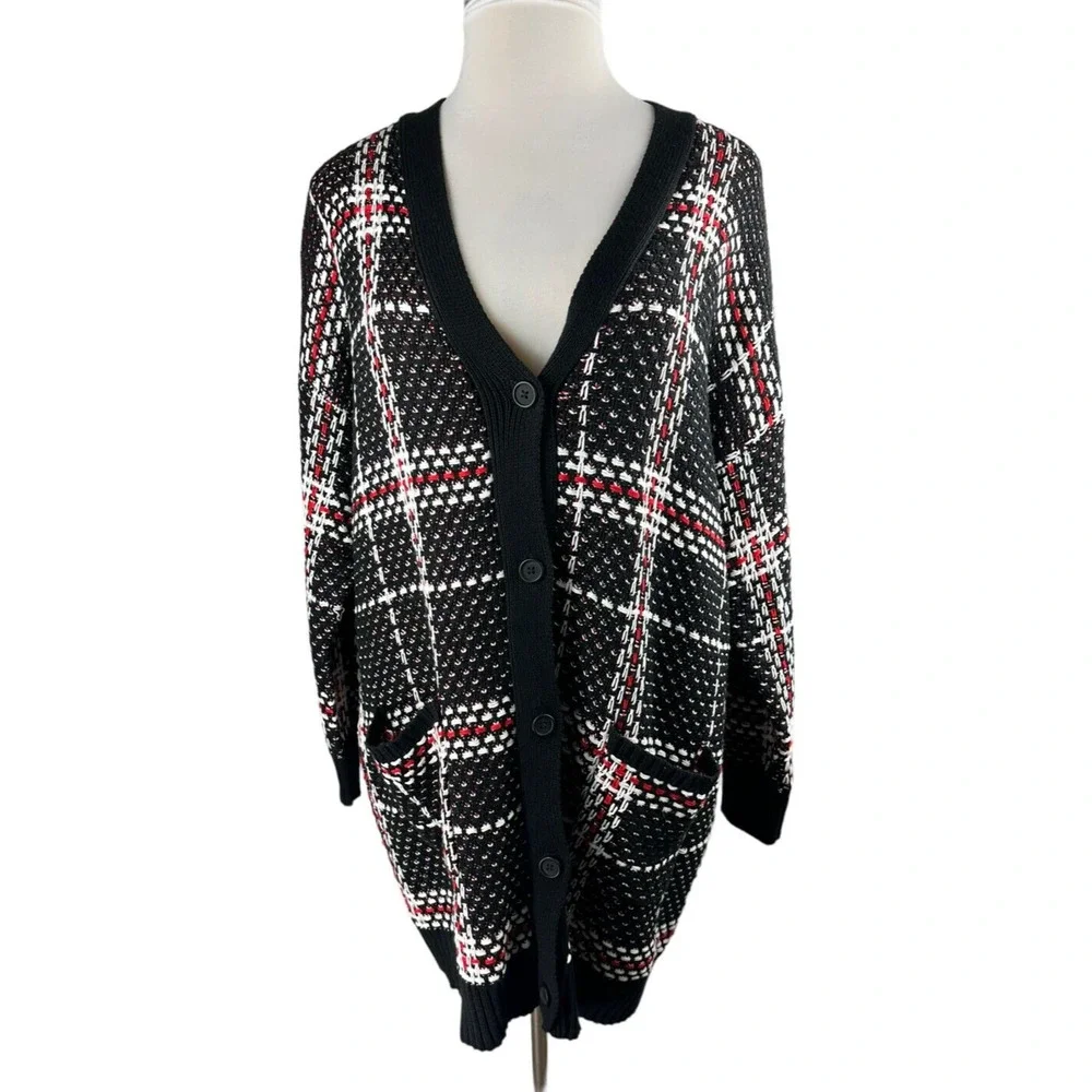 NWT Jessica Simpson Maria Plaid Cardigan Plus Size 3X Thick Knit Blk Red Button - Picture 2 of 8